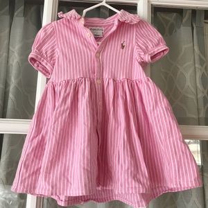 Ralph Lauren size 9 months pink seersucker dress w/ white stripes & polo logo